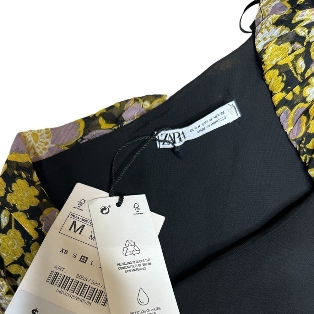Zara Floral One Shoulder Pleated Metallic Mini Dress Party Event Size Medium - Picture 8 of 13